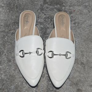 Charles David White Mules with Silver Detail